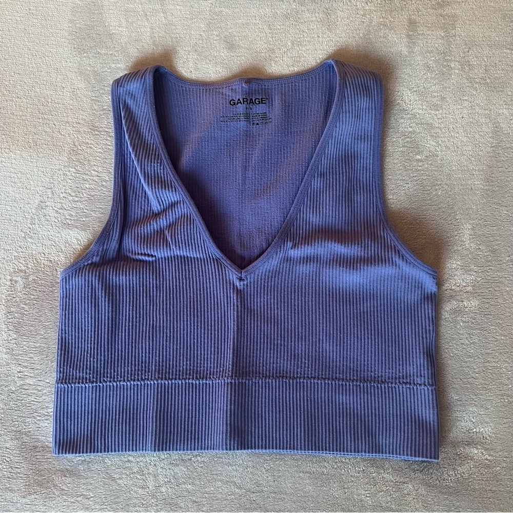 Garage Blue Ribbed V-Neck Crop Top
